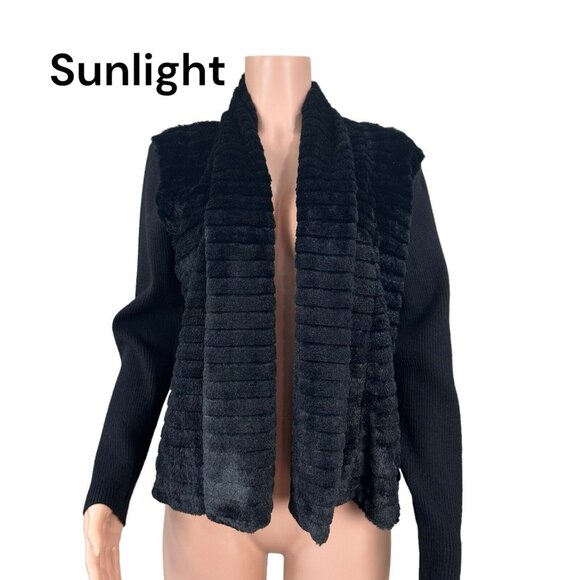 Ruby Rd Women SZ 10 RUN BIG Black Faux Fur Cardigan Sweater-Open Front-Stretchy - Picture 1 of 11